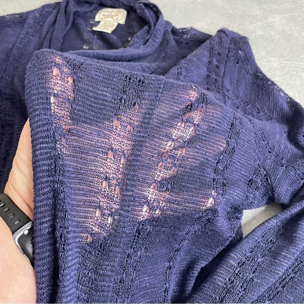 Deep Blue Open-Front Lightweight Cardigan Waterfall Edge Open-Work Knit - Picture 5 of 6